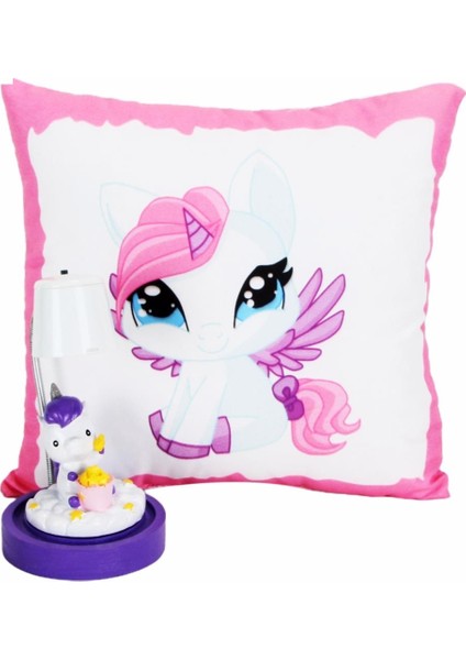 Sevimli Papçik Unicorn Puf Yastık Unicorn Işıklı Biblo Masa Gece Lambası Hediye Seti