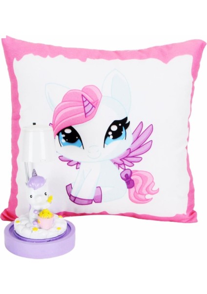 Sevimli Papçik Unicorn Puf Yastık Unicorn Işıklı Biblo Masa Gece Lambası Hediye Seti