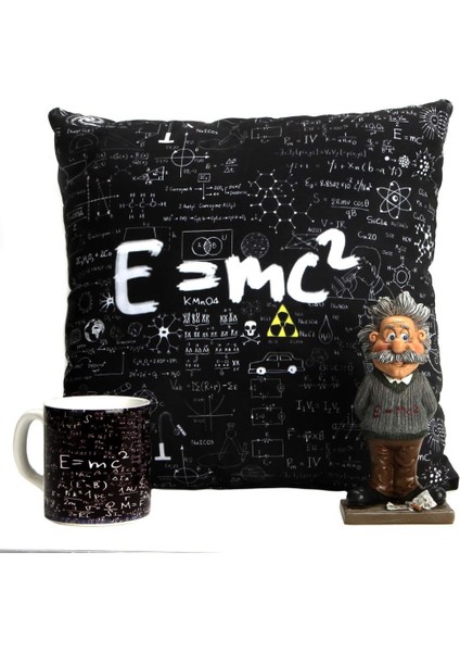 Einstein Tasarımlı Yastık Kupa Biblo Üçlü Hediye Set
