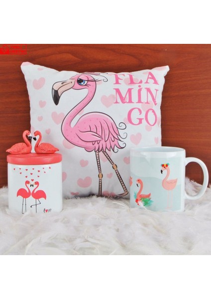 Flamingoların Aşkı Biblolu Tasarım Kalemlik Flamingo Kupa Puf Yastık Sevgiliye Hediye Seti