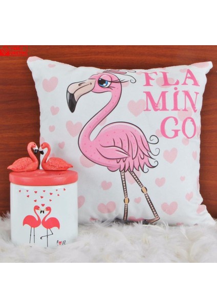 Flamingoların Aşkı Tasarım Biblolu Kalemlik Flamingo Puf Yastık Hediye Seti