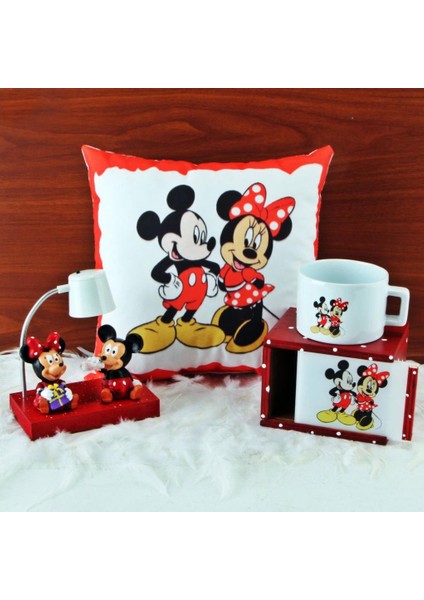 Mickey Mouse Minnie Mouse Işıklı Biblo Mickey Minnie Kutulu Kupa Puf Yastık Hediye Seti