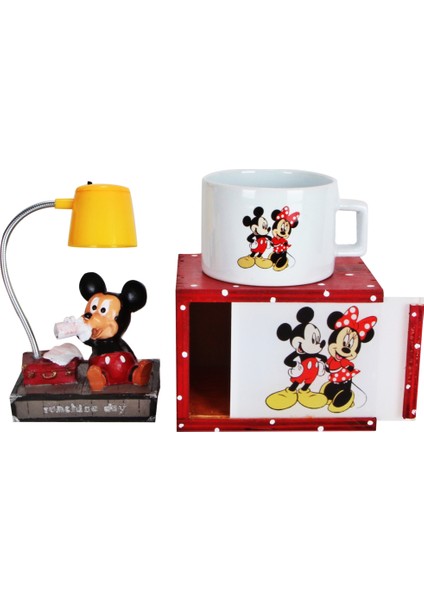 Mickey Mouse Minnie Mouse Tasarım Puantiyeli Kutulu Kupa Mickey Işıklı Biblo Hediye Seti