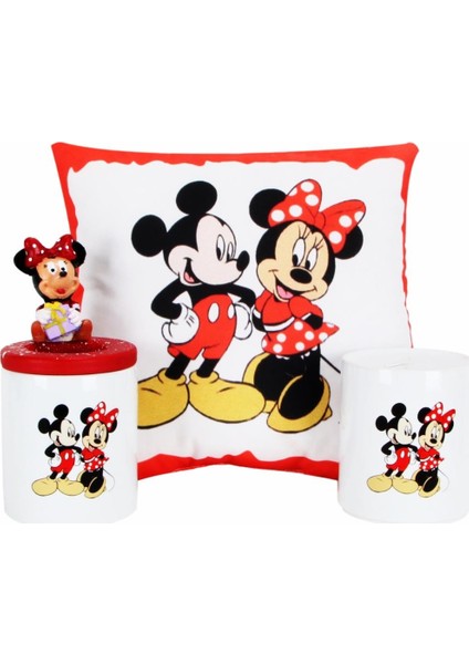 Mickey Mouse Minnie Mouse Tasarımlı Kalemlik Puf Yastık Mickey Minnie Kumbara Hediye Seti