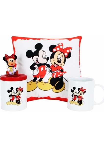 Mickey Mouse Minnie Mouse Tasarımlı Kalemlik Puf Yastık Mickey Minnie Kupa Hediye Seti