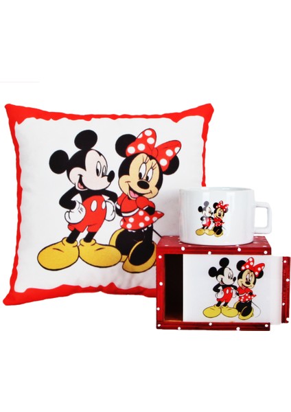 Minnie Mouse Mickey Mouse Tasarımlı Puantiyeli Kutulu Kupa Minnie Mickey Puf Yastık Hediye Seti