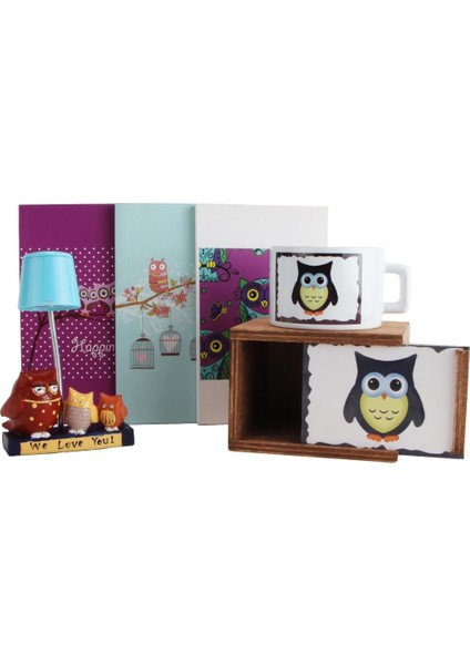 Sevgili Baykuş Ailesi Masa Gece Lambası Işıklı Biblo Baykuş Kutulu Kupa Üçlü Defter Hediye Seti