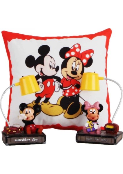Mickey Mouse Minnie Mouse Puf Yastık Mickey Minnie Masa Gece Lambası Işıklı Biblo Hediye Seti