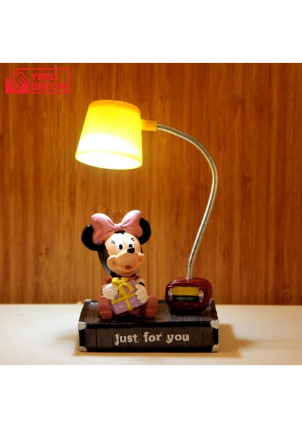 Mickey Mouse Minnie Mouse Puf Yastık Mickey Minnie Masa Gece Lambası Işıklı Biblo Hediye Seti