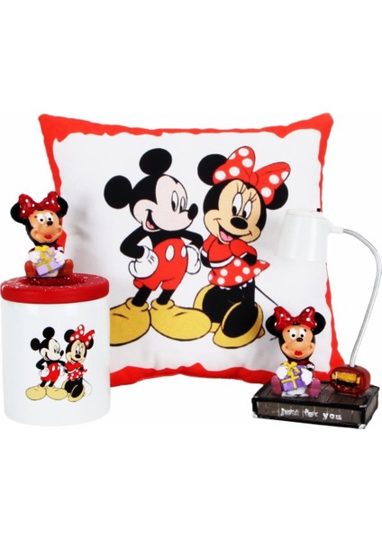Mickey Mouse Minnie Mouse Tasarım Kalemlik Puf Yastık Mickey Minnie Işıklı Biblo Hediye Seti