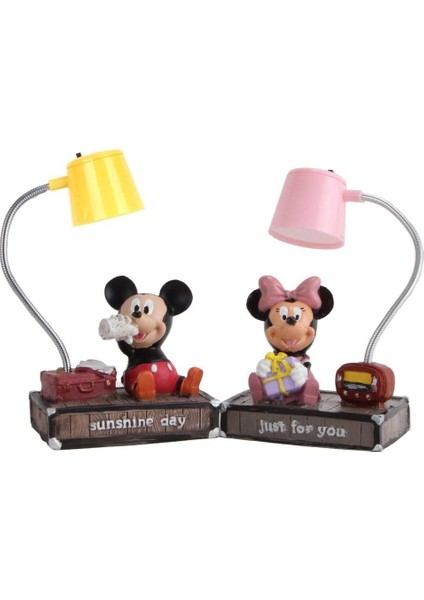 Mickey Mouse ve Minnie Mouse Sarı Pembe Işıklı Masa Gece Lambası Biblo Hediye Seti