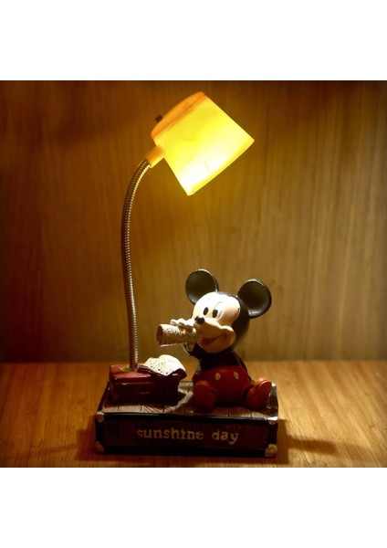 Mickey Mouse ve Minnie Mouse Sarı Pembe Işıklı Masa Gece Lambası Biblo Hediye Seti