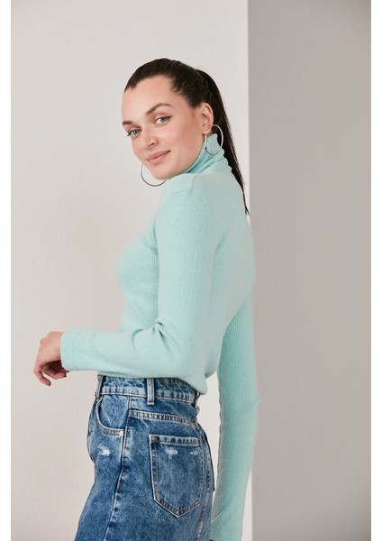 Su Yeşili Boğazlı Triko Kazak Kazak Boğazlı modelleri