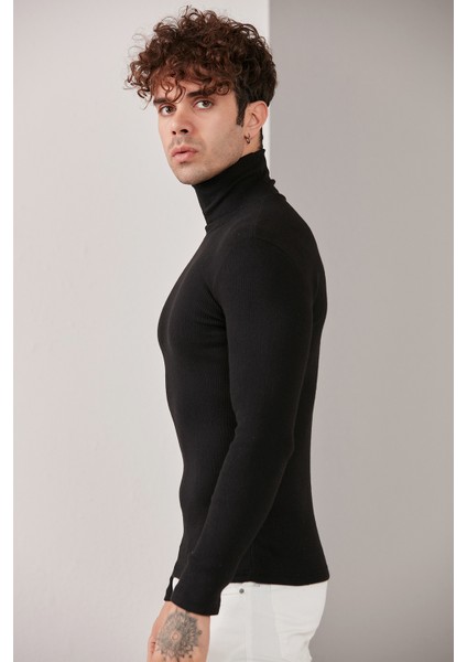 Erkek Siyah Lycra Boğazlı Kazak
