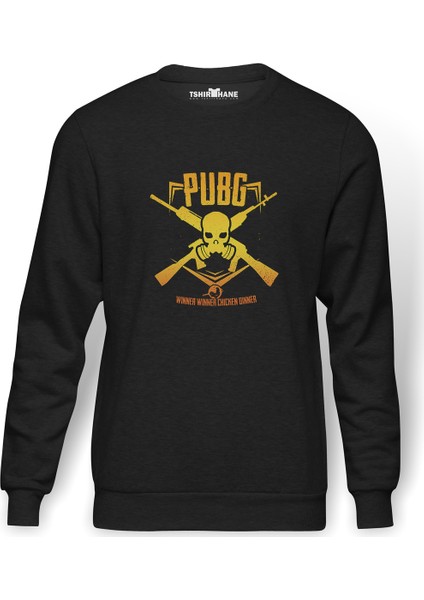 Pubg Kurukafa Sarı Baskılı Erkek Örme Sweatshirt Uzun Kol