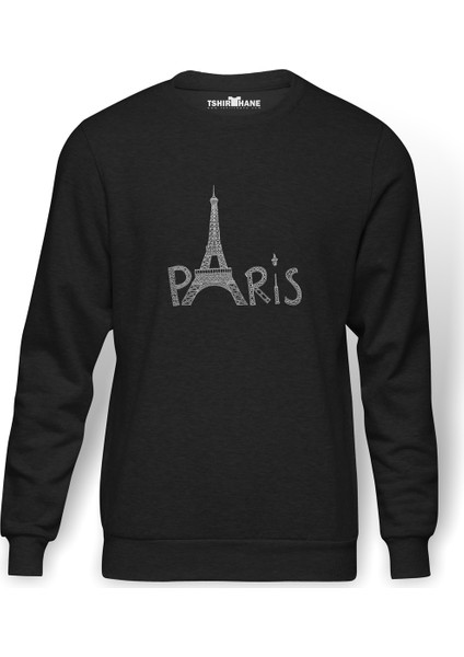 Eiffel Tower Silhouet Baskılı Erkek Örme Sweatshirt Uzun Kol