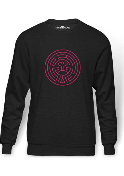 World Maze Labirent Baskılı Erkek Örme Sweatshirt Uzun Kol