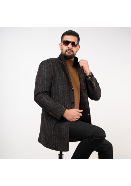 Çizgili Erkek Regular Fit Kaşe Kaban