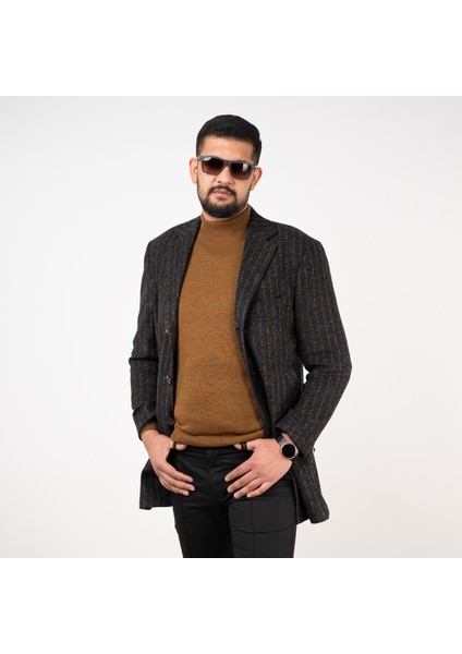 Çizgili Erkek Regular Fit Kaşe Kaban