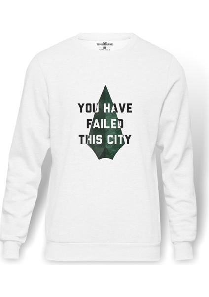 Arrow You Have Failed This City Baskılı Beyaz Erkek Örme Sweatshirt Uzun kol
