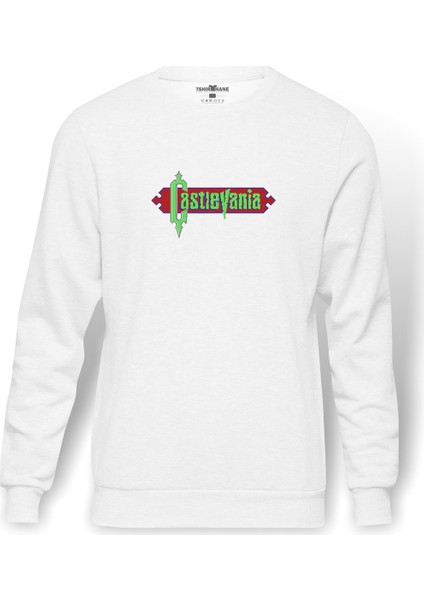 Castlevania Pixel Yazi Baskılı Beyaz Erkek Örme Sweatshirt Uzun kol