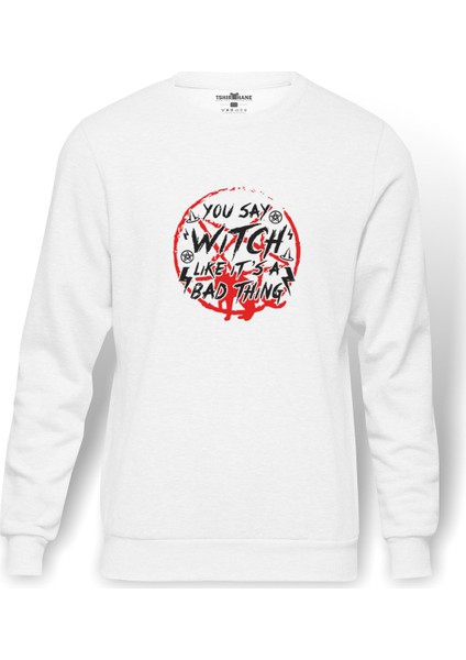 Chilling Adventures Of Sabrina You Say Witch Baskılı Beyaz Erkek Örme Sweatshirt Uzun kol