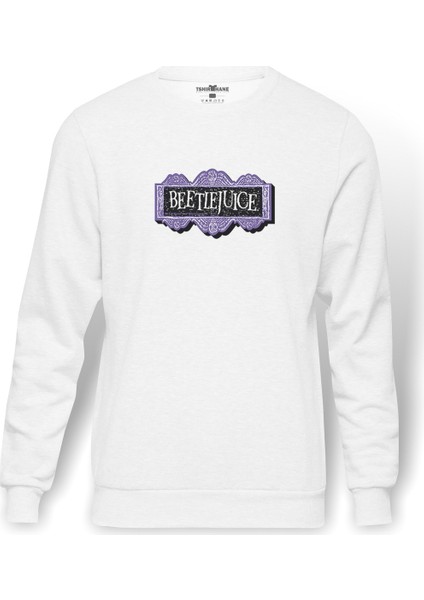 Beetlejuice Logo Baskılı Beyaz Erkek Örme Sweatshirt Uzun kol