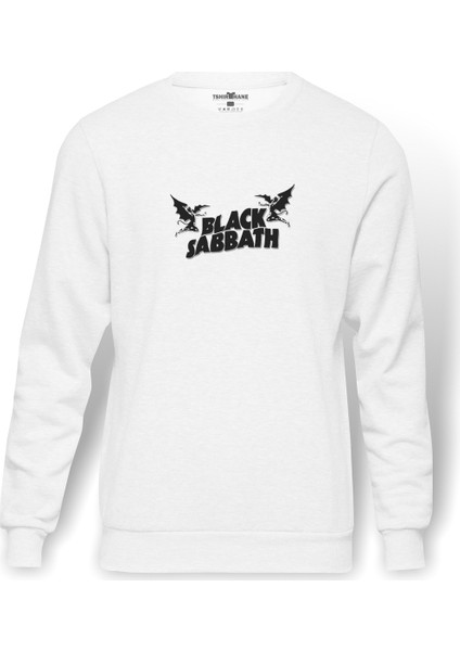 Black Sabbath Logo Baskılı Beyaz Erkek Örme Sweatshirt Uzun kol
