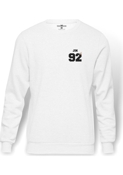 BTS Jin 92 Baskılı Beyaz Erkek Örme Sweatshirt Uzun kol