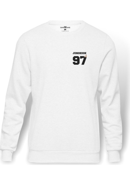 BTS Jungkook 97 Baskılı Beyaz Erkek Örme Sweatshirt Uzun kol