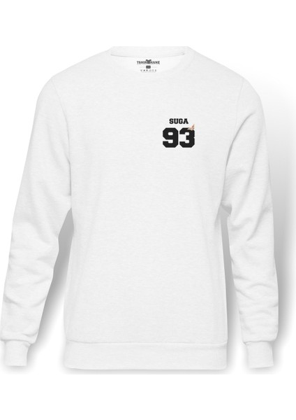 BTS Suga 93 Baskılı Beyaz Erkek Örme Sweatshirt Uzun kol