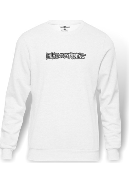Burn The Priest Logo Baskılı Beyaz Erkek Örme Sweatshirt Uzun kol