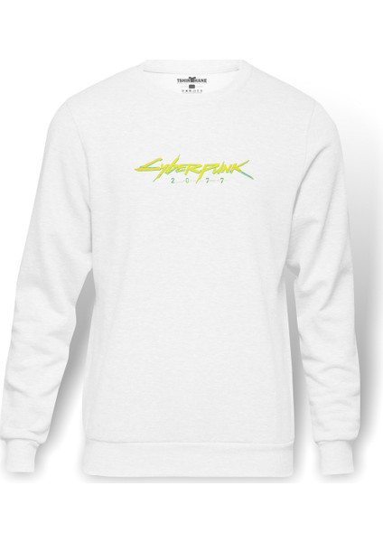 Cyberpunk 2077 Logo Baskılı Beyaz Erkek Örme Sweatshirt Uzun kol