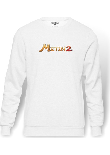 Metin2 Logo Baskılı Beyaz Erkek Örme Sweatshirt Uzun kol