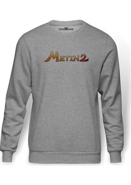 Metin2 Logo Baskılı Gri Melanj Erkek Örme Sweatshirt Uzun kol