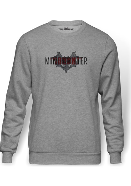 Mindhunter Yarasa Baskılı Gri Melanj Erkek Örme Sweatshirt Uzun kol