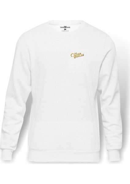 ßThe Outer Worlds Logo Baskılı Beyaz Erkek Örme Sweatshirt Uzun kol