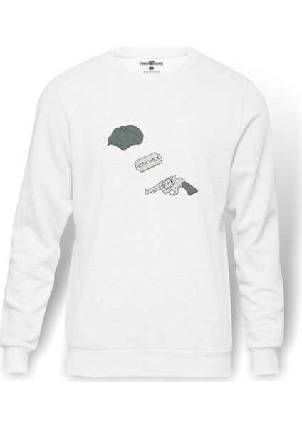 Peaky Blinders Hat & Razor Blade & Gun Baskılı Beyaz Erkek Örme Sweatshirt Uzun kol