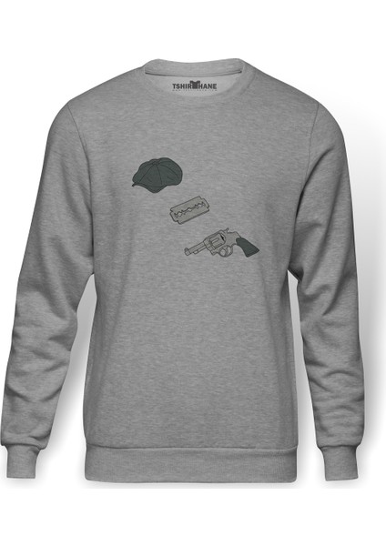 Peaky Blinders Hat & Razor Blade & Gun Baskılı Gri Melanj Erkek Örme Sweatshirt Uzun kol