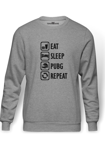 Pubg Eat Sleep Pubg Repeat Baskılı Gri Melanj Erkek Örme Sweatshirt Uzun kol