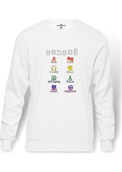 Sense8 Minimalist Symbols & Name Colour Baskılı Beyaz Erkek Örme Sweatshirt Uzun kol