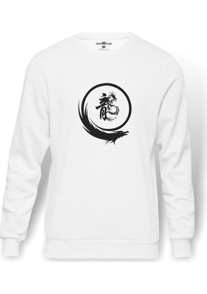 Silhouette Dragon Logo Baskılı Beyaz Erkek Örme Sweatshirt Uzun kol
