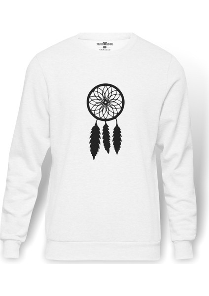 Silhouette Dreamcatcher Baskılı Beyaz Erkek Örme Sweatshirt Uzun kol