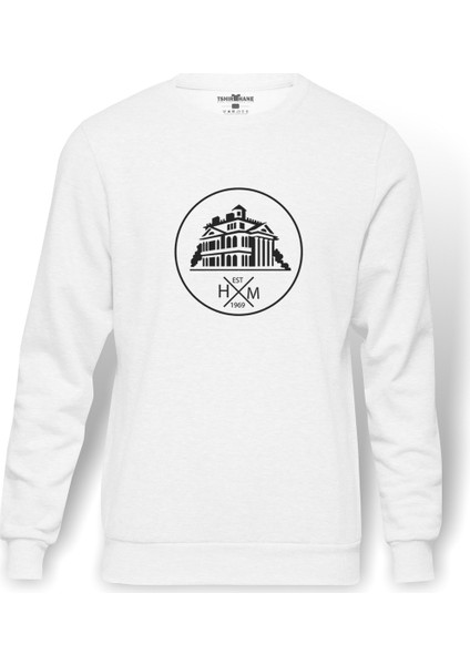 Silhouette Haunted Mansion Logo Baskılı Beyaz Erkek Örme Sweatshirt Uzun kol
