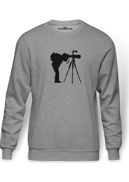 Silhouette Photography Baskılı Gri Melanj Erkek Örme Sweatshirt Uzun kol