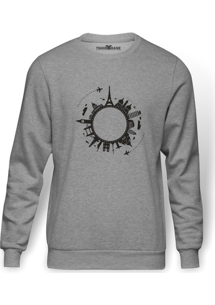 Silhouette Travel Globalization 2 Baskılı Gri Melanj Erkek Örme Sweatshirt Uzun kol