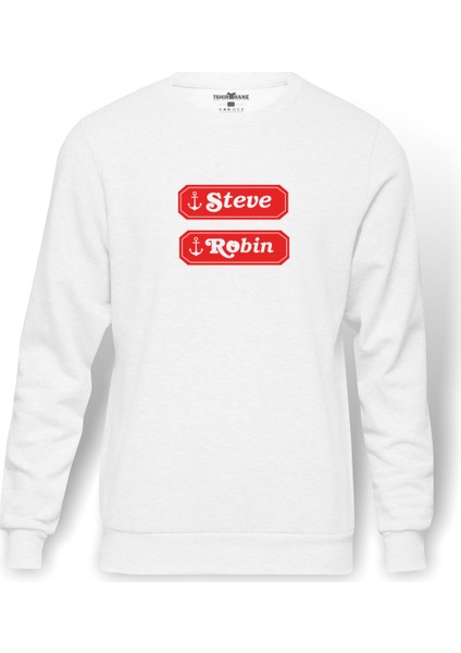 Stanger Things Robin & Steve Logo Baskılı Beyaz Erkek Örme Sweatshirt Uzun kol