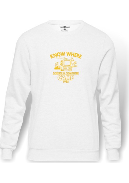 Stranger Things Know Where Camp Baskılı Beyaz Erkek Örme Sweatshirt Uzun kol