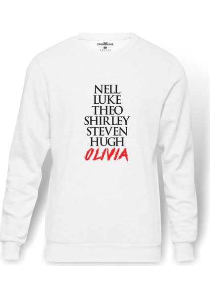 The Haunting Of Hill House Characters Name Baskılı Beyaz Erkek Örme Sweatshirt Uzun kol