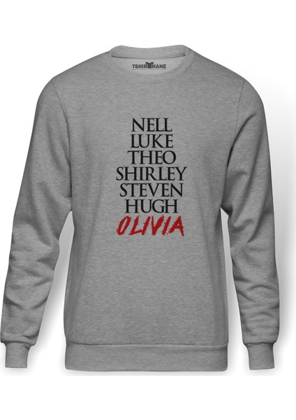 The Haunting Of Hill House Characters Name Baskılı Gri Melanj Erkek Örme Sweatshirt Uzun kol